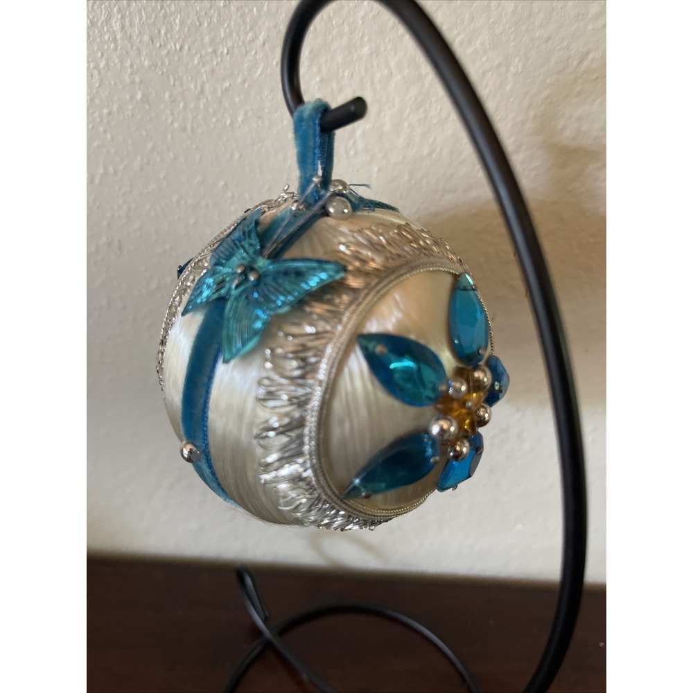 Vintage Bead Sequin Push Pin Christmas Tree Ornament Blue Satin Completed AS IS